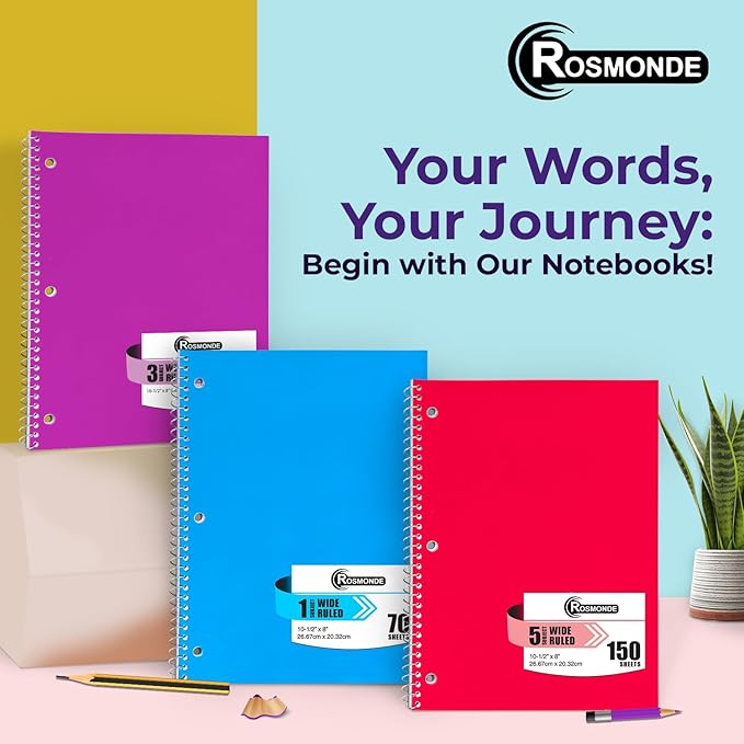 Rosmonde Spiral Notebooks, 12 Pack, 1 Subject Notebook, Wide Ruled, 70 Sheets, 8 x 10-1/2", 3 Hole Punched, School Supplies, Bulk Single Subject Spiral Notebook Bulk, Assorted Colors Pack of Notebooks