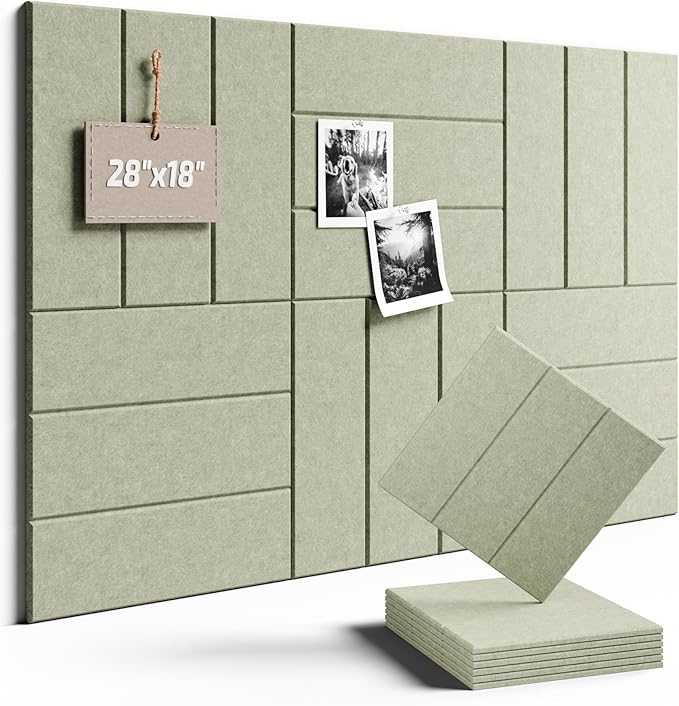 Fluxynara Felt Bulletin Board Tiles -28"x18" with 40 Adhesive Tabs, Cork Board Alternative for Office Decor, Push Pin Board Wall Organizer 6-Pack (Sage)
