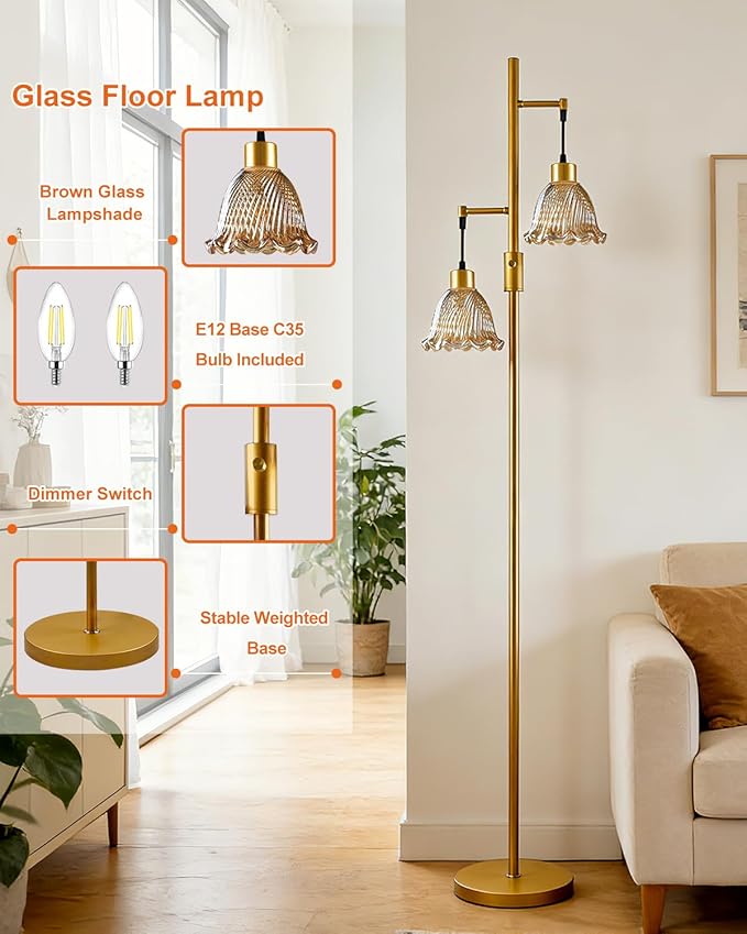 Lightdot 2- Light Gold Floor Lamp for Living Room, 65IN Dimmable Floor Lamps with Brown Glass Shade&3000K Warm White Bulbs, Modern Standing Tall Lamp for Bedroom Office