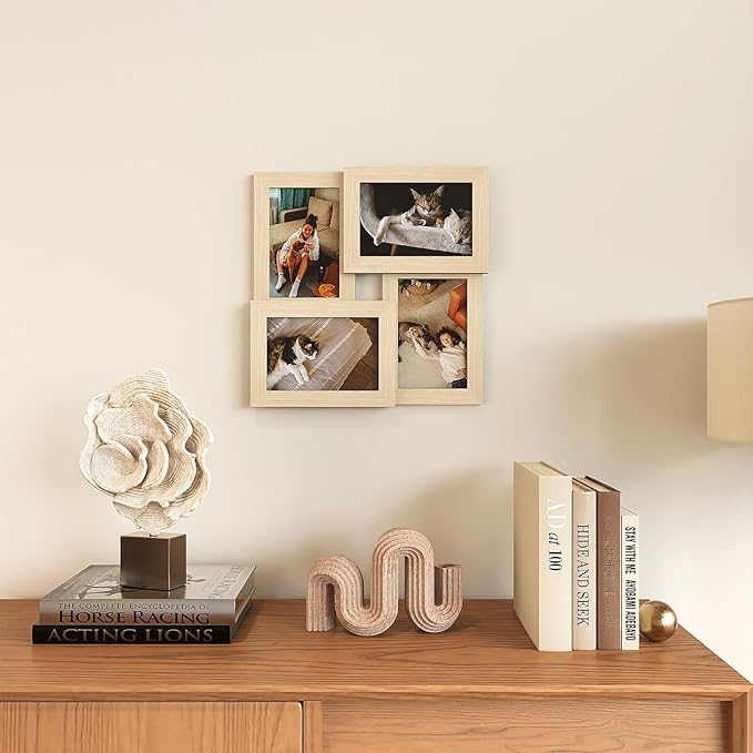 Egofine 4x6 Collage Picture Frames, Made of Solid Wood, Family Picture Frame Display Four 4x6 Photos, Covered by Plexiglass for Wall Hanging and Tabletop, Natural Wood