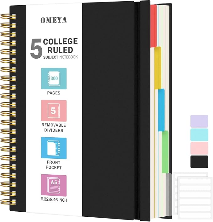 5 Subject Notebooks College Ruled, Spiral Lined Notebook with Removable Dividers, 300 Pages 100GSM Thick Spiral Writing Journal for Women & Men, Large A5 Notebooks for Work, School Supplies, 6" x 8"