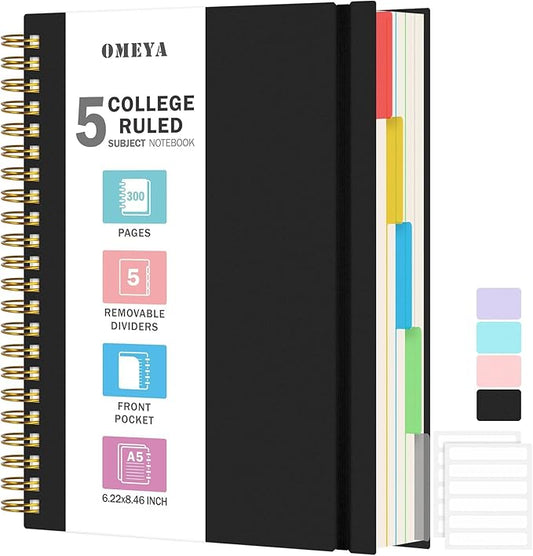 5 Subject Notebooks College Ruled, Spiral Lined Notebook with Removable Dividers, 300 Pages 100GSM Thick Spiral Writing Journal for Women & Men, Large A5 Notebooks for Work, School Supplies, 6" x 8"