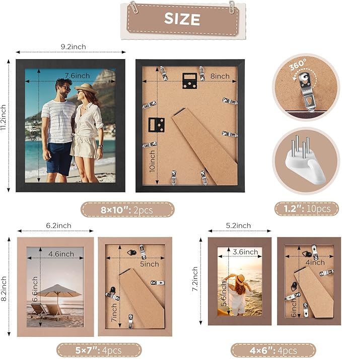 Funtopia 8x10 Picture Frames, Photo Frames Collage Wall Decor for Family, 5x7 4x6 Picture Frame Set for Wall Hanging or Tabletop Display