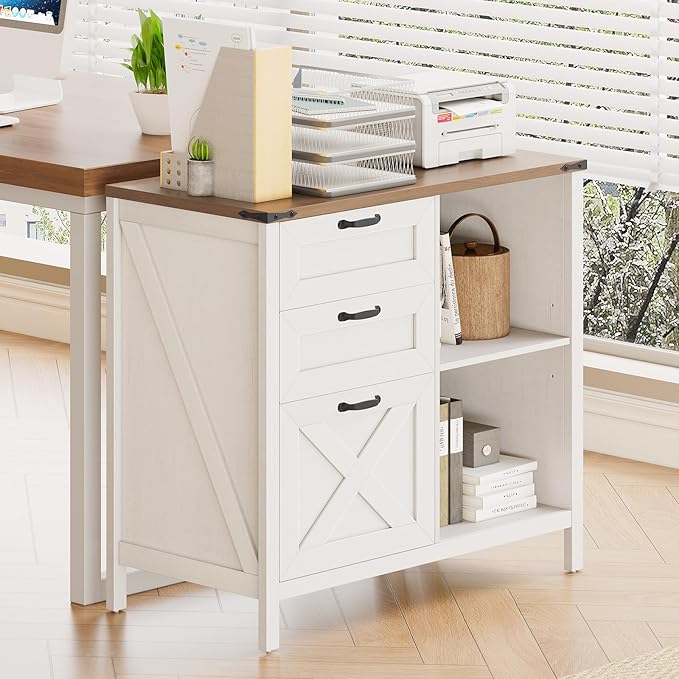Farmhouse Lateral Filing Cabinet with 3 Drawers and Open Shelf, Lateral File Cabinet with with File Drawer for Letter/A4 Hanging File, Large Printer Stand for Home Office, Living Room, Rustic White