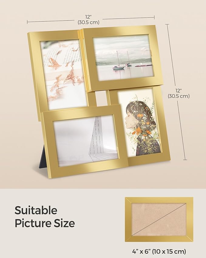 SONGMICS Collage Picture Frames, 4x6 for Wall Decor, Multi Family Photo for Gallery Decor, Hanging Display, Set of 4, Pale Gold URPF025A01