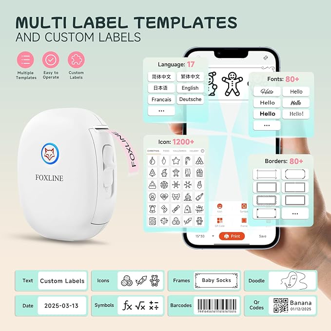FOXLINE F10 Label Maker Machine with Pink Tape, Portable Bluetooth Thermal Mini Label Printer, Rechargeable Sticker Maker, Inkless Labeler for Home, School, Kitchen, Office Organization, White