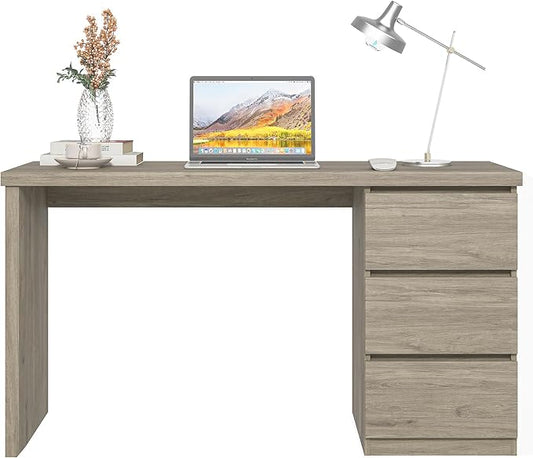 furtble Computer Desk with Drawers, 53.5 inches Wood Work Desk, Home Office Desk Workstation with Storage, Farmhouse Computer Table for Bedroom, Living Room, Grey Oak
