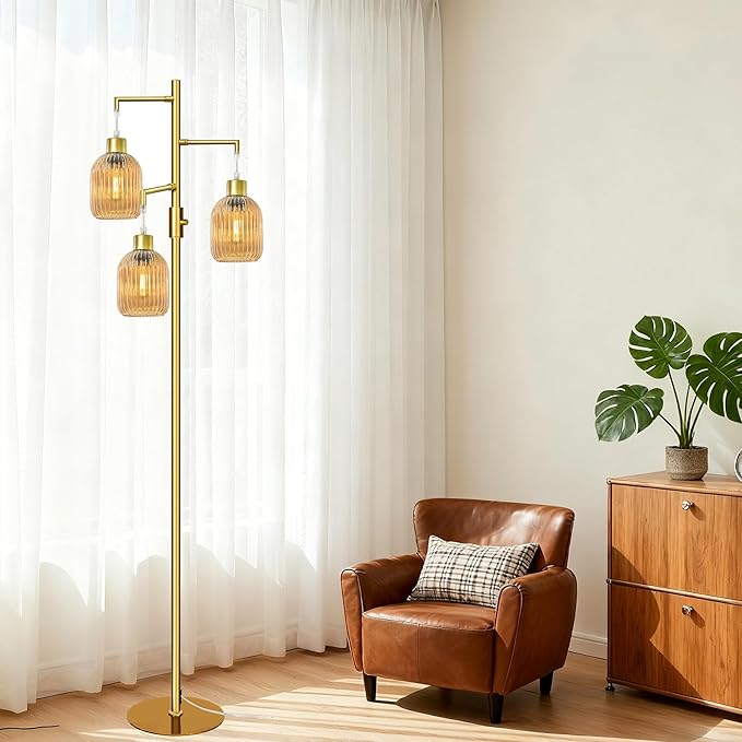 Modern Floor Lamp for Living Room, Dimmable Glass Standing Lamp Vintage Retro 3 Lights Tall Floor Lamps with Amber Lamp Shade Mid Century Tree Lamp, 3×6W Bulbs Included