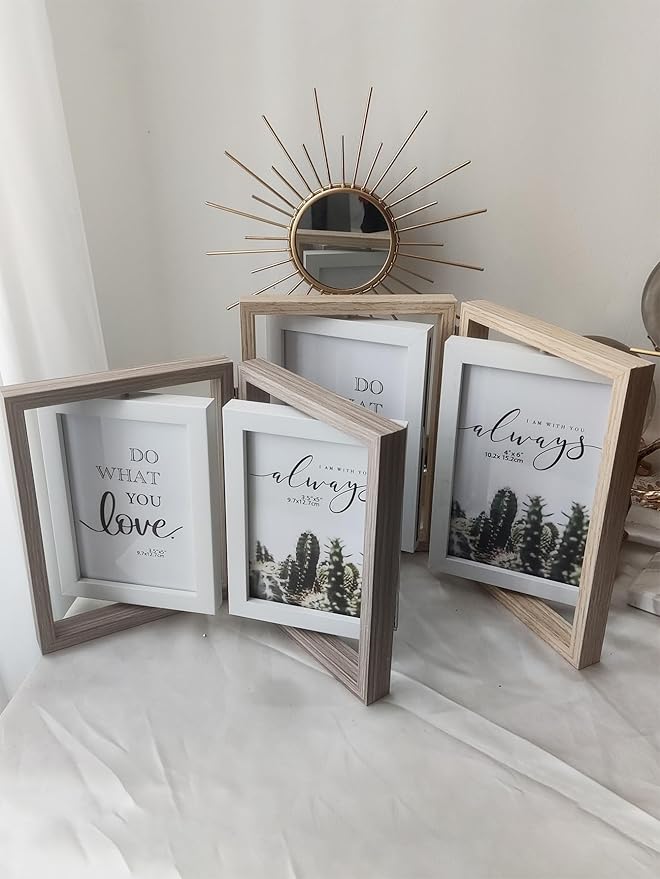 Wooden Hinged Double floating rotating Picture Frame for Photos, 4 * 6 5 * 7 vertical photo Natural Finish (grey color, 4 * 6in)