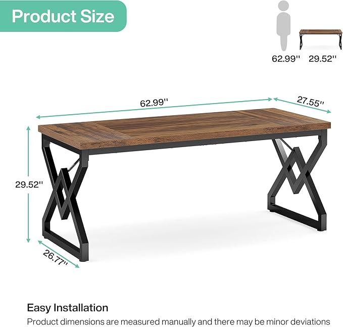 Tribesigns 63" Large Industrial Executive Desk with Extra Thickened Tabletop & Metal Frame, Heavy-Duty 300 lb Capacity Home Office Desk for Study Room, Dorm, Bedroom – Vintage Brown & Black