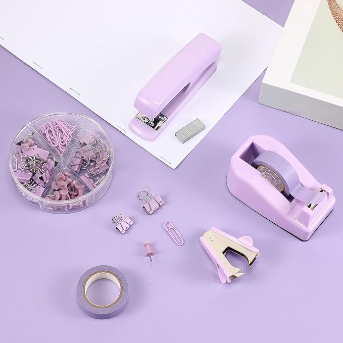 Office Supplies Set Desk Accessory Kit Include Stapler, Staples, Staple Remover, Tape Dispenser, 22 Binder Clips, 30 Paper Clips, 20 Push Pins, 2 Rolls Tape, for Women Christmas Gift (Purple)