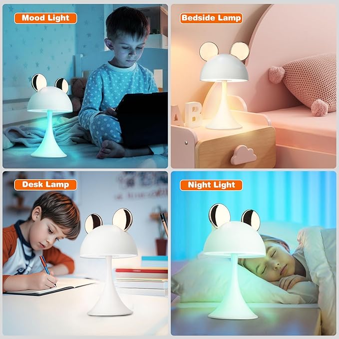 Rechargeable Mouse-Shaped LED Bedside Lamp – Kids Room Night Light with Touch Dimming & 3 Color Temperatures (Gold)