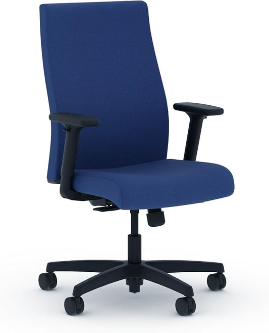 HON Ignition 2.0 Fabric Office Chair, Upholstered, Adjustable Arms, Standard Synchro-Tilt Recline Executive Ergonomic Office Chair, Black Frame, Indigo