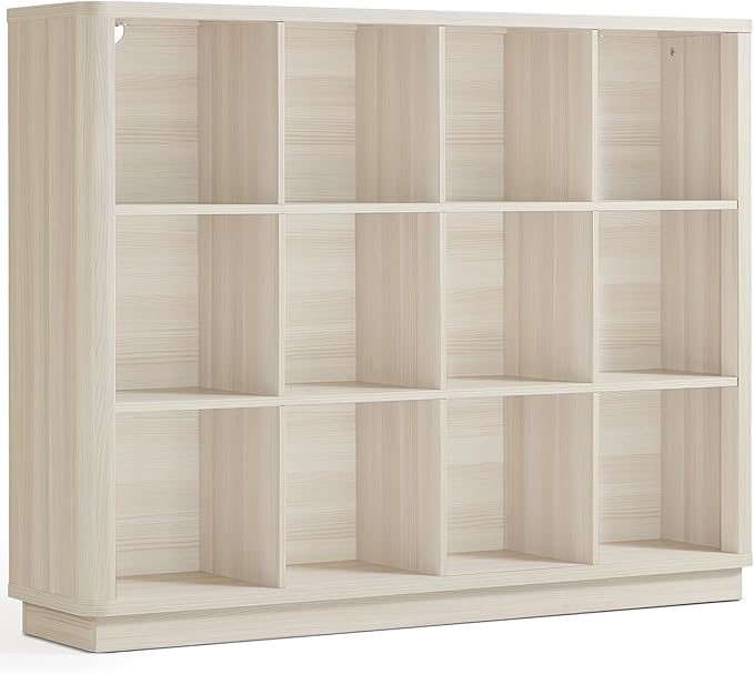 12 Cube Storage Organizer, 41" Large Bookshelf with Curved Edge, Wood Floor Standing 3-Tier Cubby Bookcase w/Base, Modern Display Storage Cabinet for Living Room, Office, Gray-White Cream Oak