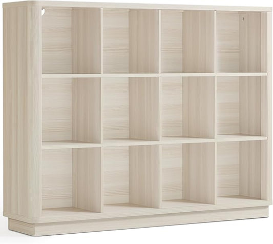 12 Cube Storage Organizer, 41" Large Bookshelf with Curved Edge, Wood Floor Standing 3-Tier Cubby Bookcase w/Base, Modern Display Storage Cabinet for Living Room, Office, Gray-White Cream Oak