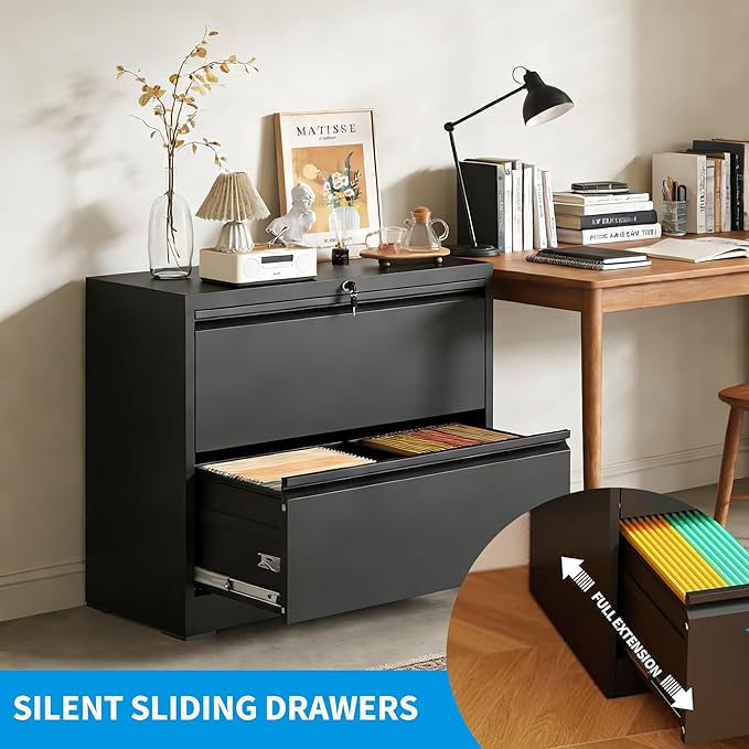 2 Drawer Lateral File Cabinet with Lock, Metal Lateral Filing Cabinet for Home Office, Steel Wide Horizontal Filing Cabinets for Letter/Legal/A4/F4 Hanging Files (Black)