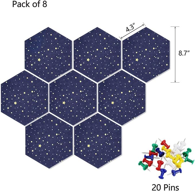 Felt Hexagon Bulletin Board with 20 Push Pins, Pack of 8 Notice Boards for Home Office Kitchen, Push Pin Board Felt Wall Tiles for Photos Memos