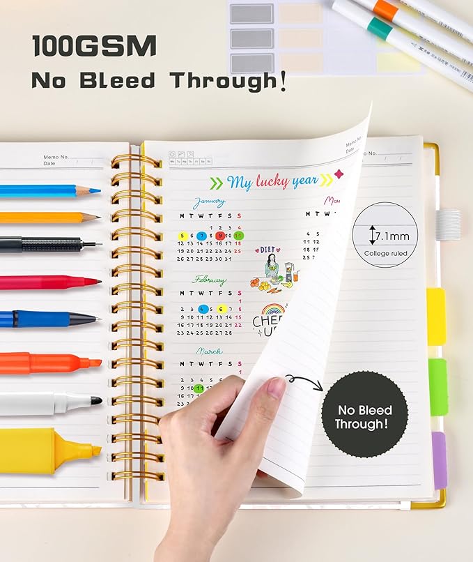 Hardcover Spiral Notebook 8.5"x11" Journal with Removable Dividers Tabs, 300 Pages Leather 5 Subject Notebook College Ruled, Large Notebooks for Work School, Lined Journal for Women, A4 White