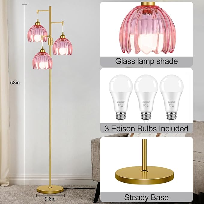 Gold Floor Lamps for Living Room Vintage Pink Floor Lamp with Glass Lmapshape & Three Led Bulb,Dimmable Mid Century Modern Standing Lamp Tall Tree Flower Floor Lamps for Bedroom,Office,Corner