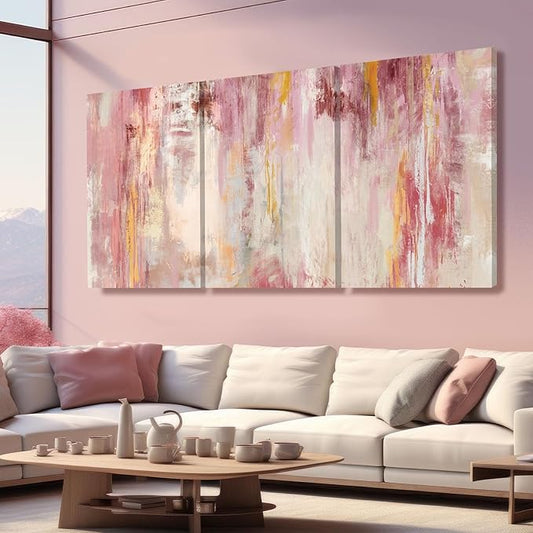 Kureful Large Pink Wall Art Gold Bedroom Decor for Teens Abstract Wall Art for Living Room Canvas Wall Paintings Gold Artwork Pictures for Wall 24"x 36"x 3 Panel