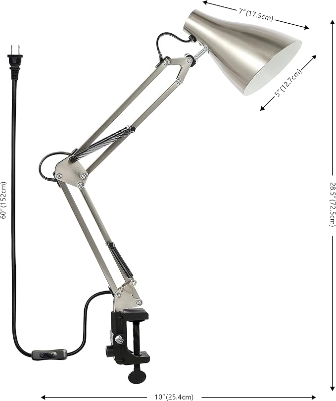 JONATHAN Y 28.5" Nickel Odile Industrial Adjustable Clamp-On LED Task Lamp with Metal Shade, Vintage Articulated Desk Lamp for Home Office Studio, LED Bulb Included (JYL7125B)