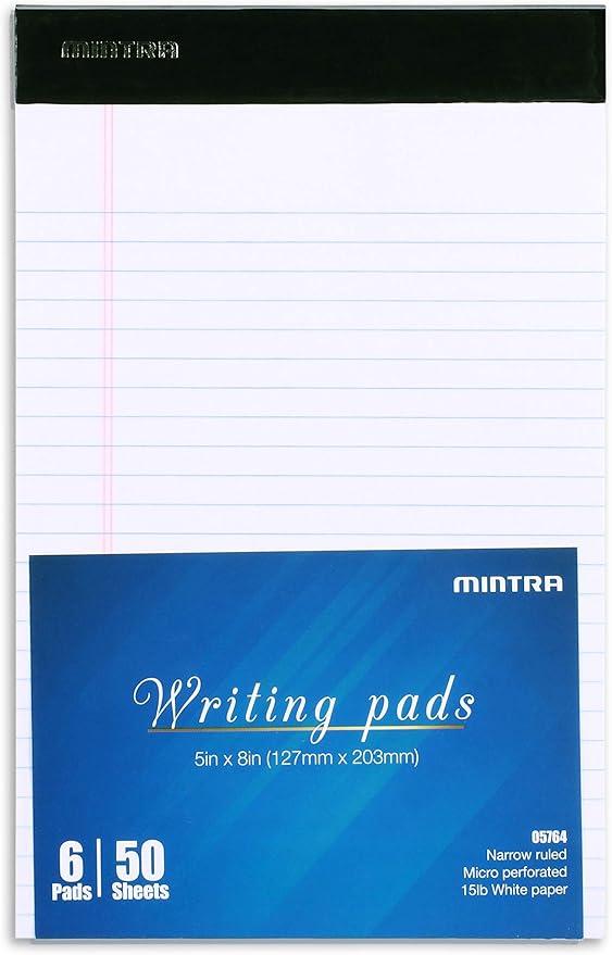 Mintra Office White Legal Pads – Ruled Notepads and Micro-Perforated Sheets, Ideal for Writing, Note-Taking & Creativity, Office, or Professional Use, Basic Pad 6 pack, 5"x8" (Narrow Ruled)