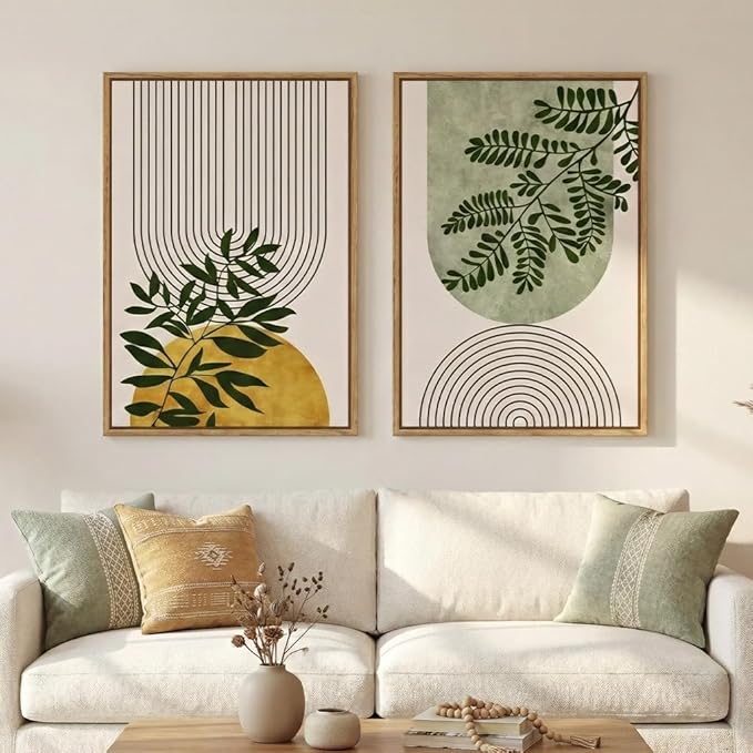 Framed Green Boho Wall Art Set of 2 for Living Room, Large Abstract Bohemian Geometric Botanical Artwork for Walls, Mid Century Modern Canvas Painting Print Wall Decor for Bedroom Office, 20x30 Inch