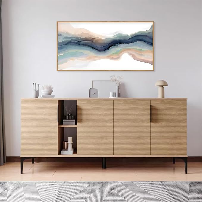 HLNIUC Navy Blue Abstract Framed Canvas Wall Art, Watercolor Wave Line Horizontal Wall Decor, Long Teal Orange Coastal Artwork(40"x20"), Large Neutral Modern Prints for Living Room, Bedroom, Office