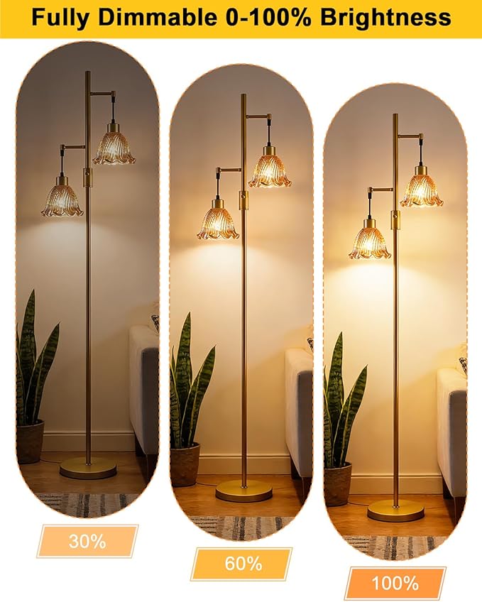 65IN Glass Floor Lamp, 2-Light Gold Tall Standing Lamps Dimmable with Brown Glass Lampshade, 3000K Warmwhite Mid Century Modern Floor Lamp for Living Room/Bedroom/Sofa Beside/Home Decor