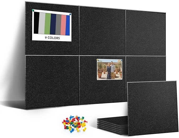 MISSDAY Black Acoustic Wall Panel Felt Bulletin Board 24" x 36" Cork Board for Wall, 6-Pack Boards with 36 Removable Adhesive Tabs, 50 Pushpins, Pin Board for Home Office Classroom Soundproof Tiles