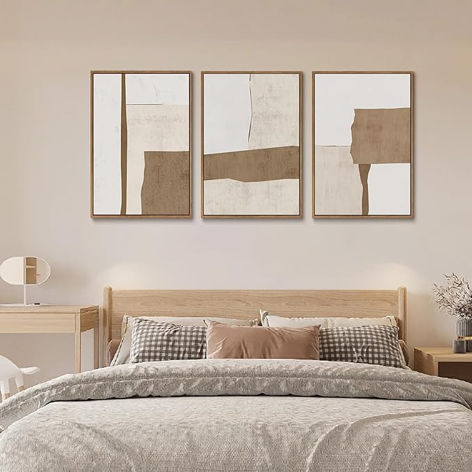 myusuar 3 Piece Large Modern Abstract Canvas Framed Wall Art For Living Room, Brown And Beige Block Minimalist Wall Art Decor Posters Prints For Bedroom Office, 16x24in