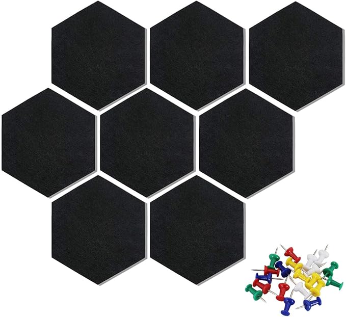 Felt Hexagon Bulletin Board with 20 Push Pins, Pack of 8 Notice Boards for Home Office Kitchen, Push Pin Board Felt Wall Tiles for Photos Memos