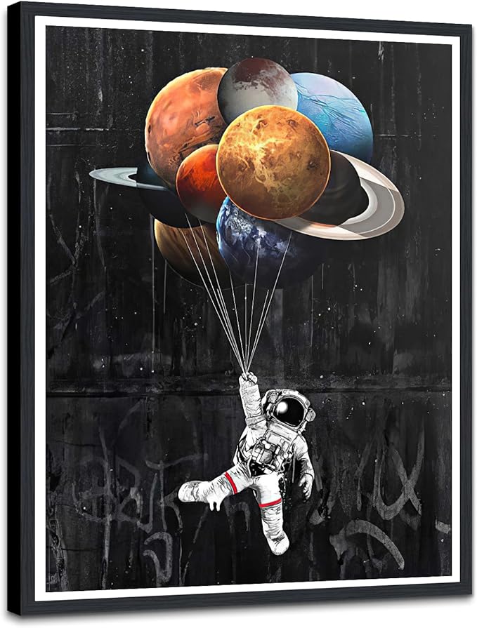 Space Framed Wall Art, Astronaut Holding Floating Planet,Cosmic Galaxy Canvas Print, Modern Home Office Decor, Stretched Ready to Hang, 12.5x16.5 Inches