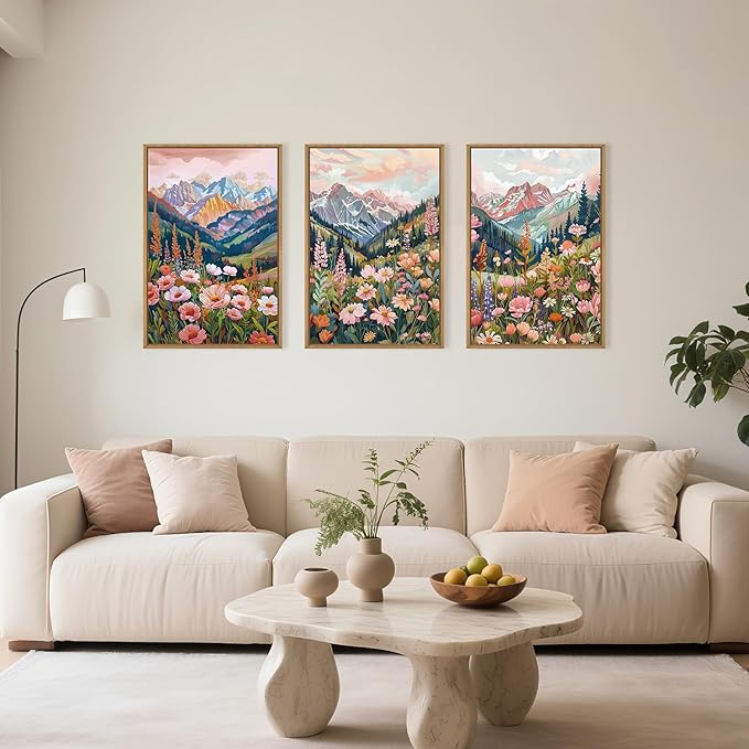 Aryroi Boho Vibrant Spring Mountain Wildflower Framed Canvas Wall Art Set,Colorful Natural Flower Forest Wall Decor,Modern Pink Floral Botanical Landscape Artwork for Living Room,Office,Farmhouse- 16"x24"x3