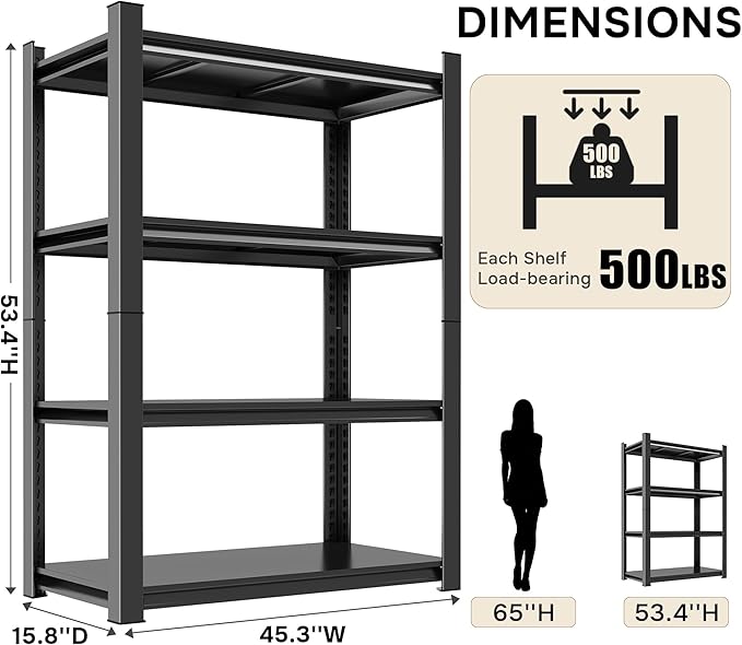Bookshelf 4 Tier Metal Wide Bookshelves, Heavy Duty Bookcase Tall Book Shelf Storage Organizer, Adjustable Bookshelf For Bedroom/Living Room/Home Office/Library, Black(54.3"H*45.3"W*15.7"D)