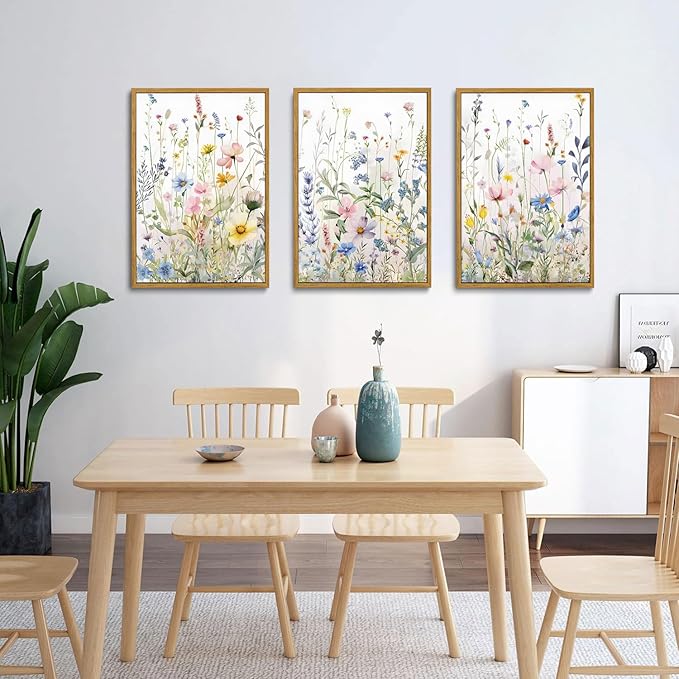 Bwodke Wildflower Wall Art Watercolor Botanical Floral Colorful Canvas Prints Set of 3 Modern Minimalist Flower Pictures Decor Painting Bedroom Bathroom Living Room Nursery 12"x16" Framed