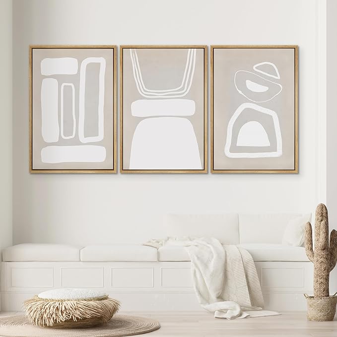 SIGNWIN Framed Canvas Print Wall Art Set Mid-Century Boho Geometric Polygons Abstract Shapes Cozy Neutral Decorative Contemporary Minimal for Living Room, Bedroom, Office - 24"x36"x3 Natural