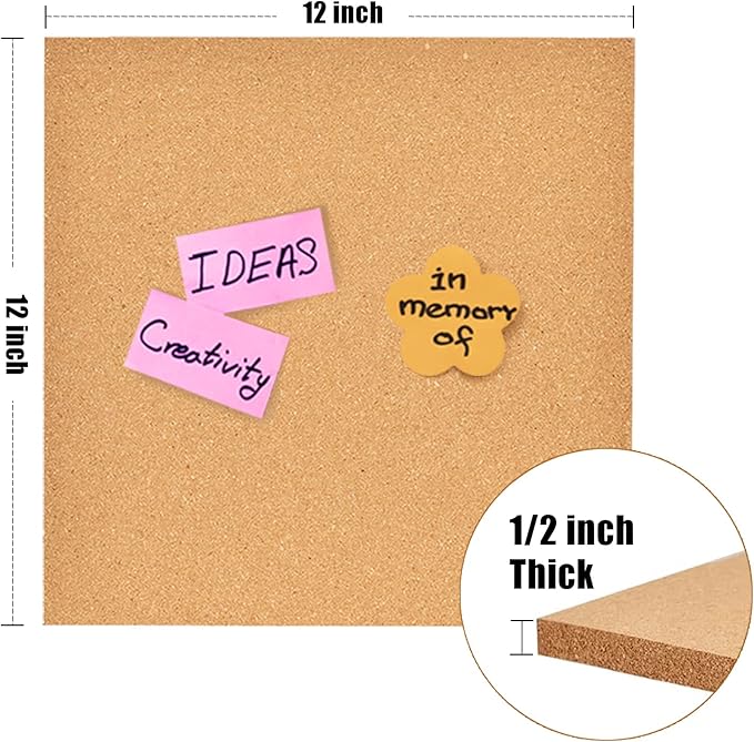12x12 Cork Board Tiles Bulletin Board, 1/2" Thick Small Square Cork Boards for Walls, Self-Adhesive Cork Tiles for Home, Office, School, Bulletin Board Decorations(12mm,12pc)