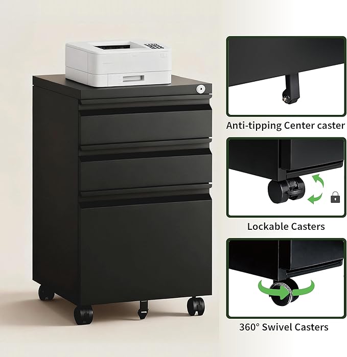3 Drawer File Cabinet with Lock,Rolling Mobile File Cabinet with Wheels for Home Office,Under Desk Metal Filing Cabinet,Office Storage Organizer,Requires Assembly,Black