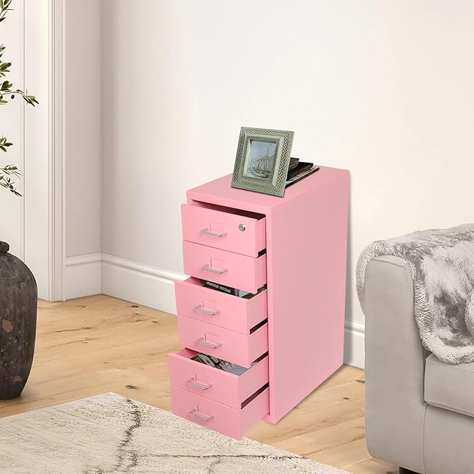 6-Drawer Metal File Cabinet, Metal Filing Storage Vertical Cabinets with Lock Home Office Filing Cabinets for Organization Hanging Letter/Legal/F4/A4 (Pink)