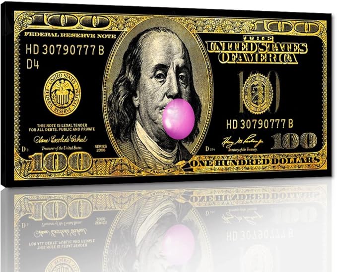 Large Size 1 Big Panel Motivational Money Art Print Dollars Canvas wall Decor for Men Abstract Creative Funny Franklin 100 Dollar Money Art Modern Home Office Wall Decorations Easy to Hang-48"Wx24"H