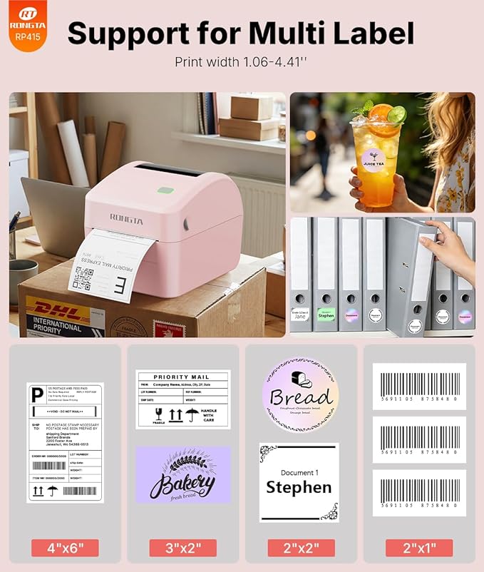 Rongta 4x6 Bluetooth Shipping Label Printer - Thermal Label Printer for Shipping Packages, Small Business, Home, Office, Compatible with Amazon, Tiktok, Etsy, USPS, Commercial Grade, Pink