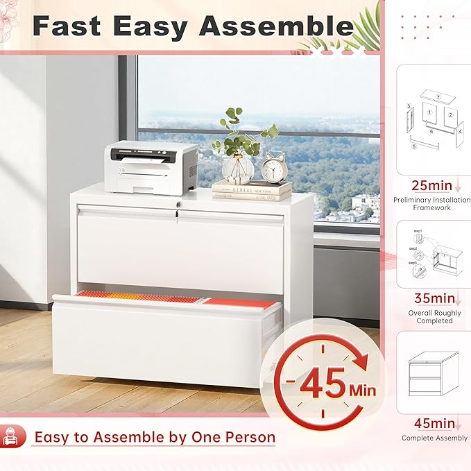 Superday Lateral File Cabinet 2 Drawer Metal File Cabinet with Lock, White Filing Cabinets for Home Office, Locking Filing Cabinets Hanging Files Letter/Legal/F4/A4