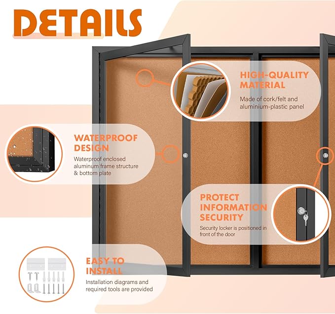 Enclosed Bulletin Board Outdoor Noticeboard with Locking Door, Weather-Resistant, Cork, Black Aluminum Frame, 43 x 31 in