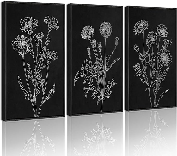 Drsoum Black White Flower Wall Art Vintage Minimalist Floral Wall Hanging Decor Bohemain Botanical Prints Artwork for Bedroom Living Room Hallway 16x24in Black Framed