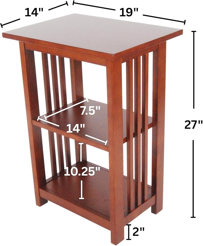Alaterre Furniture Mission 3-Tier End Table with Vertical Slat Side Panels – Craftsman Style Wood Side Table with Open Storage for Living Room, Bedroom, or Cozy Reading Nook (Cherry)
