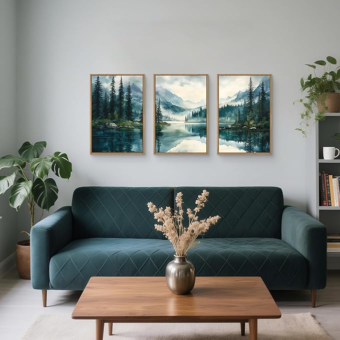HLNIUC Green Foggy Forest Mountain Wall Art Framed,Large Boho Watercolor Pine Tree Wall Decor set of 3 (16"x24"), Nature Dark Lake Landscape Scenery Canvas Painting for Living Room, Bedroom, Office