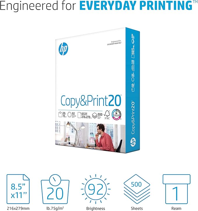 HP Printer Paper | 8.5 x 11 Paper | Copy &Print 20 lb | 1 Ream Case - 500 Sheets| 92 Bright | FSC Certified | 200060