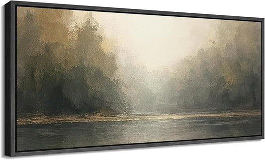 SIGNFORD Extra Large Framed Canvas Foggy Forest River Morning Illustrations Modern Art Calm Warm for Living Room, Bedroom, Office - 60"x30"