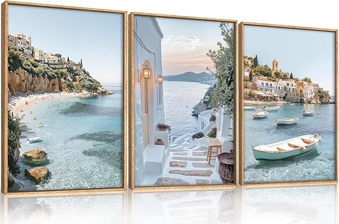 Greek Island Coastal Framed Canvas Wall Art Set,Modern Mediterranean Whitewashed Architecture Scenery Wall Decor,Natural Blue Beach Boat Landscape Artwork for Living Room,Farmhouse- 24"x36"x3